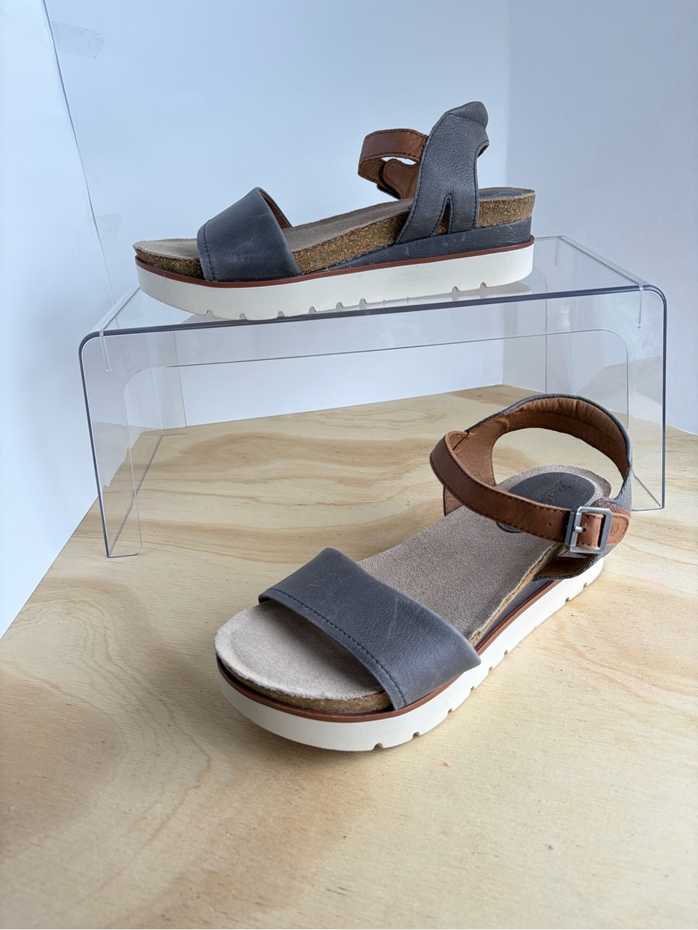 Josef Seibel Leather Platform Wedge Sandals Gray Brown Ankle Strap Women Size 39